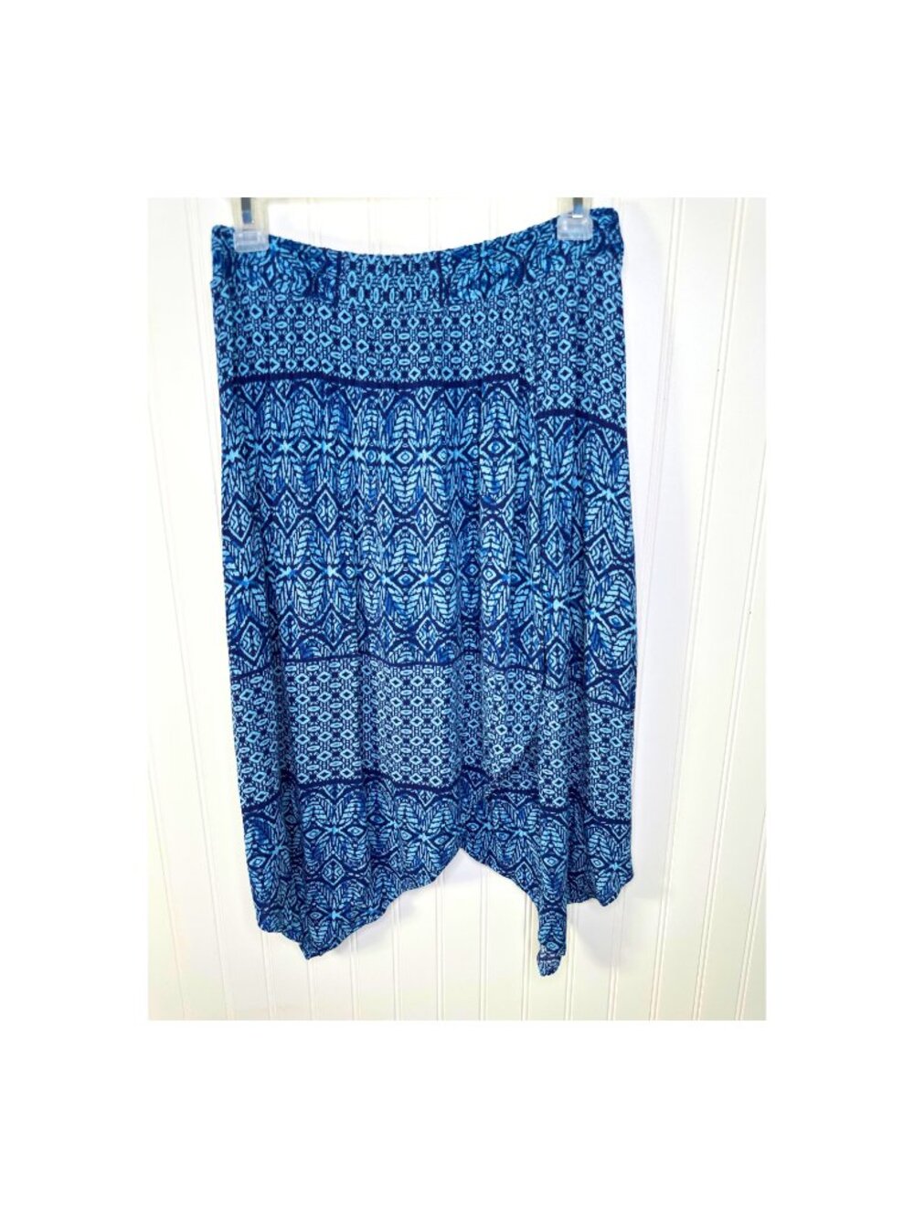 Faded Glory Blue Geometric Print Handkerchief Hem Asymmetric Midi Skirt S (4-6)